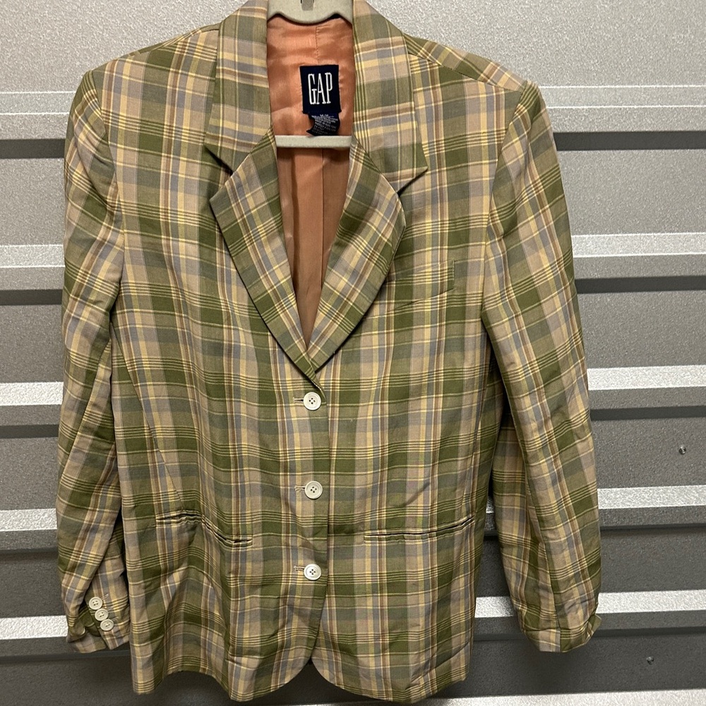 GAP Womens Plaid Linen Vintage Blazer Office Jacket Size Medium Retro Preppy 90s - Picture 2 of 8